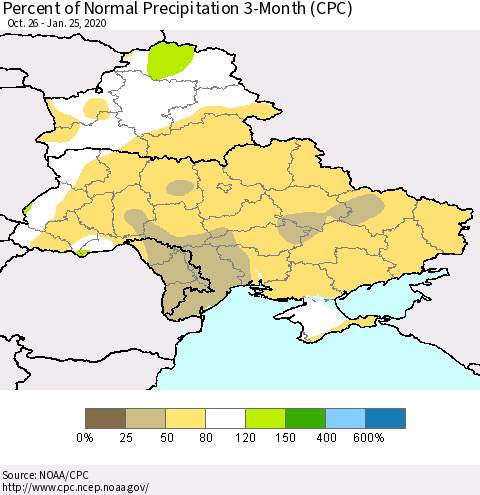 Ukraine, Moldova and Belarus Percent of Normal Precipitation 3-Month (CPC) Thematic Map For 10/26/2019 - 1/25/2020