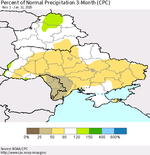 Ukraine, Moldova and Belarus Percent of Normal Precipitation 3-Month (CPC) Thematic Map For 11/1/2019 - 1/31/2020
