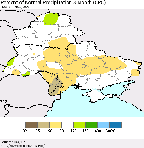 Ukraine, Moldova and Belarus Percent of Normal Precipitation 3-Month (CPC) Thematic Map For 11/6/2019 - 2/5/2020