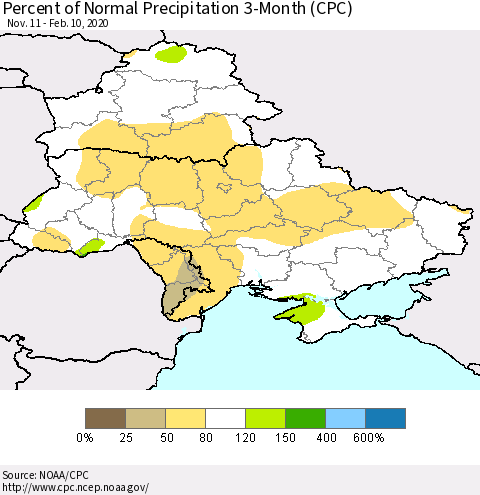 Ukraine, Moldova and Belarus Percent of Normal Precipitation 3-Month (CPC) Thematic Map For 11/11/2019 - 2/10/2020