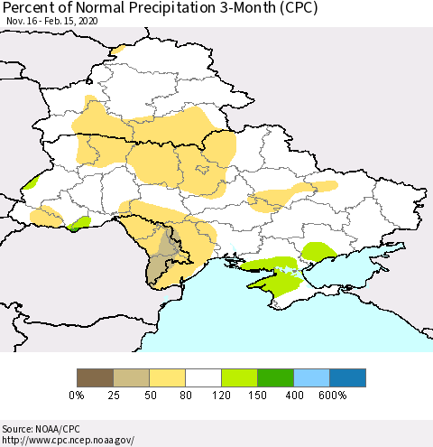 Ukraine, Moldova and Belarus Percent of Normal Precipitation 3-Month (CPC) Thematic Map For 11/16/2019 - 2/15/2020
