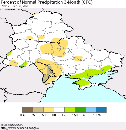 Ukraine, Moldova and Belarus Percent of Normal Precipitation 3-Month (CPC) Thematic Map For 11/21/2019 - 2/20/2020