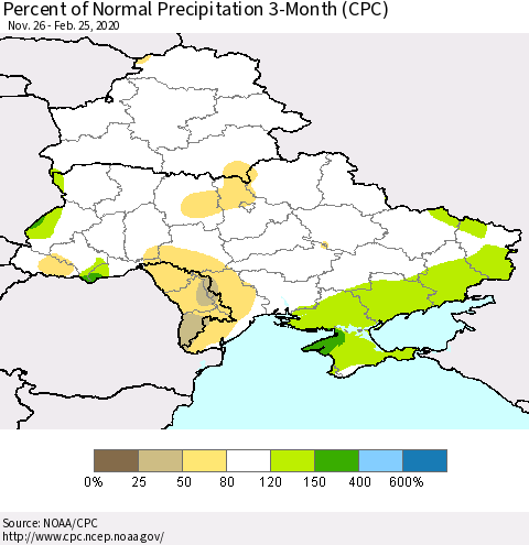 Ukraine, Moldova and Belarus Percent of Normal Precipitation 3-Month (CPC) Thematic Map For 11/26/2019 - 2/25/2020
