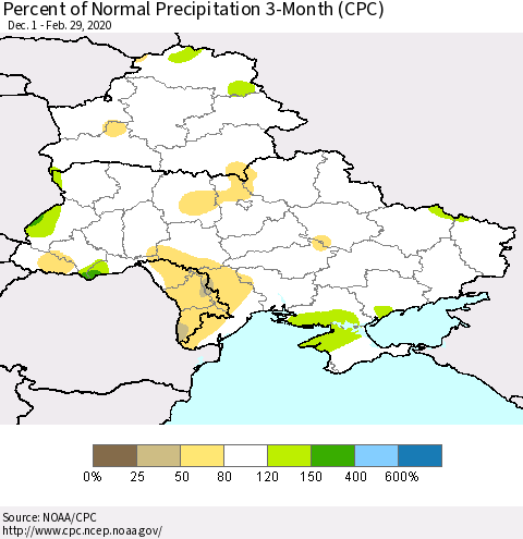 Ukraine, Moldova and Belarus Percent of Normal Precipitation 3-Month (CPC) Thematic Map For 12/1/2019 - 2/29/2020