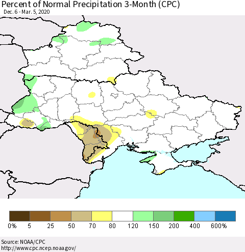 Ukraine, Moldova and Belarus Percent of Normal Precipitation 3-Month (CPC) Thematic Map For 12/6/2019 - 3/5/2020