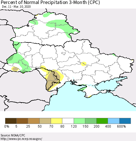 Ukraine, Moldova and Belarus Percent of Normal Precipitation 3-Month (CPC) Thematic Map For 12/11/2019 - 3/10/2020