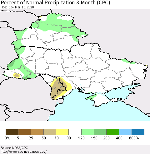 Ukraine, Moldova and Belarus Percent of Normal Precipitation 3-Month (CPC) Thematic Map For 12/16/2019 - 3/15/2020