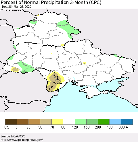Ukraine, Moldova and Belarus Percent of Normal Precipitation 3-Month (CPC) Thematic Map For 12/26/2019 - 3/25/2020