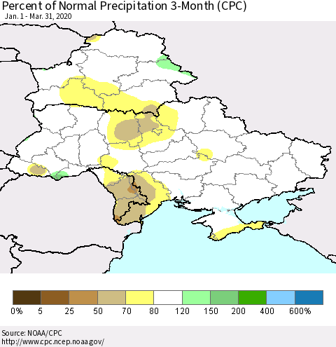 Ukraine, Moldova and Belarus Percent of Normal Precipitation 3-Month (CPC) Thematic Map For 1/1/2020 - 3/31/2020