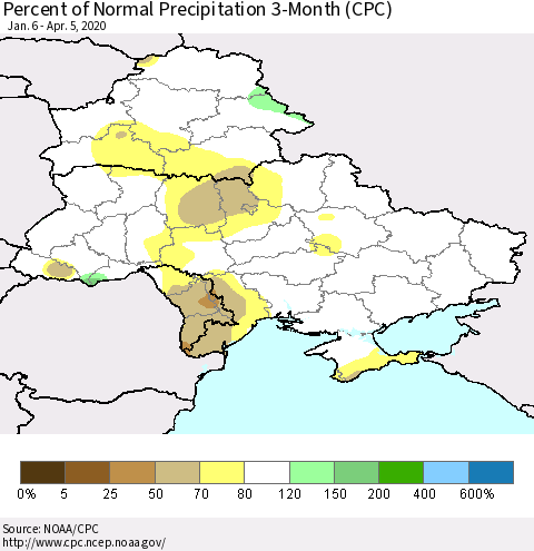 Ukraine, Moldova and Belarus Percent of Normal Precipitation 3-Month (CPC) Thematic Map For 1/6/2020 - 4/5/2020