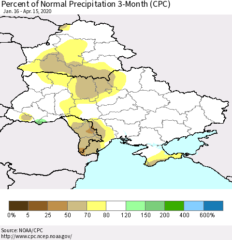 Ukraine, Moldova and Belarus Percent of Normal Precipitation 3-Month (CPC) Thematic Map For 1/16/2020 - 4/15/2020