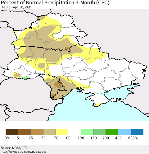Ukraine, Moldova and Belarus Percent of Normal Precipitation 3-Month (CPC) Thematic Map For 2/1/2020 - 4/30/2020