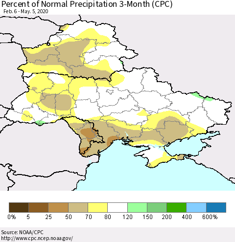 Ukraine, Moldova and Belarus Percent of Normal Precipitation 3-Month (CPC) Thematic Map For 2/6/2020 - 5/5/2020