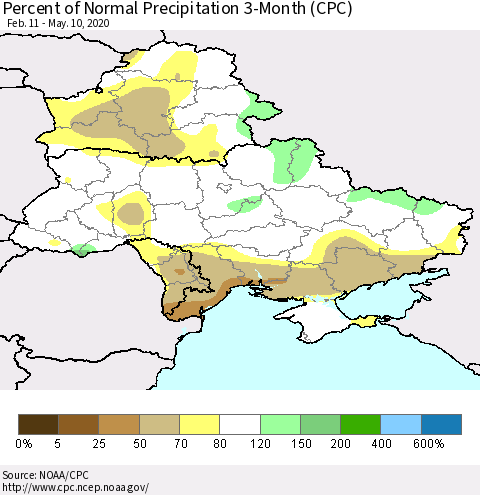 Ukraine, Moldova and Belarus Percent of Normal Precipitation 3-Month (CPC) Thematic Map For 2/11/2020 - 5/10/2020