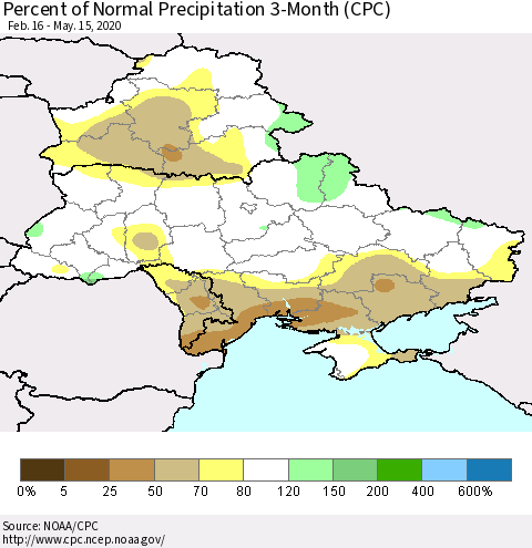 Ukraine, Moldova and Belarus Percent of Normal Precipitation 3-Month (CPC) Thematic Map For 2/16/2020 - 5/15/2020