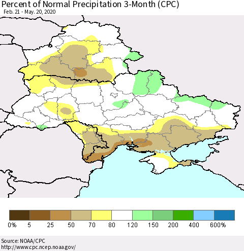 Ukraine, Moldova and Belarus Percent of Normal Precipitation 3-Month (CPC) Thematic Map For 2/21/2020 - 5/20/2020
