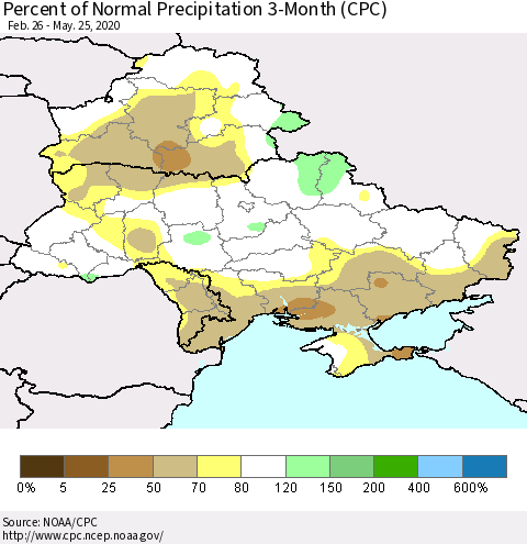 Ukraine, Moldova and Belarus Percent of Normal Precipitation 3-Month (CPC) Thematic Map For 2/26/2020 - 5/25/2020