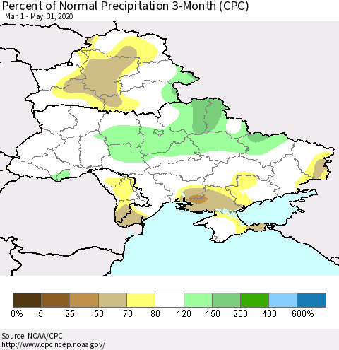 Ukraine, Moldova and Belarus Percent of Normal Precipitation 3-Month (CPC) Thematic Map For 3/1/2020 - 5/31/2020