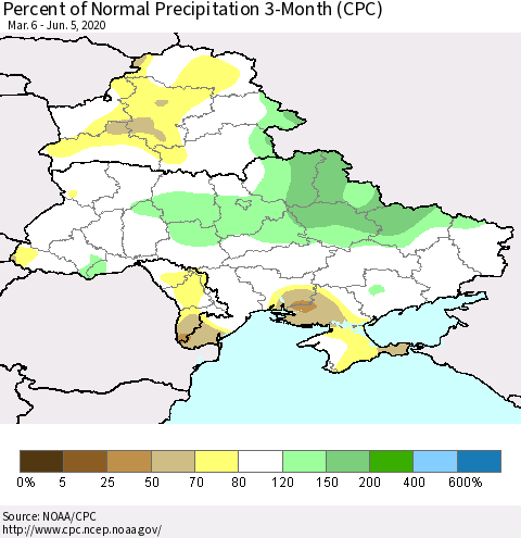 Ukraine, Moldova and Belarus Percent of Normal Precipitation 3-Month (CPC) Thematic Map For 3/6/2020 - 6/5/2020