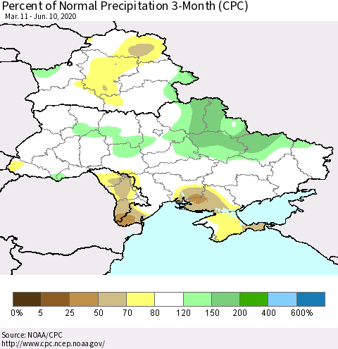 Ukraine, Moldova and Belarus Percent of Normal Precipitation 3-Month (CPC) Thematic Map For 3/11/2020 - 6/10/2020