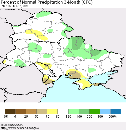 Ukraine, Moldova and Belarus Percent of Normal Precipitation 3-Month (CPC) Thematic Map For 3/16/2020 - 6/15/2020
