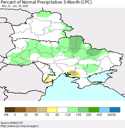 Ukraine, Moldova and Belarus Percent of Normal Precipitation 3-Month (CPC) Thematic Map For 3/21/2020 - 6/20/2020