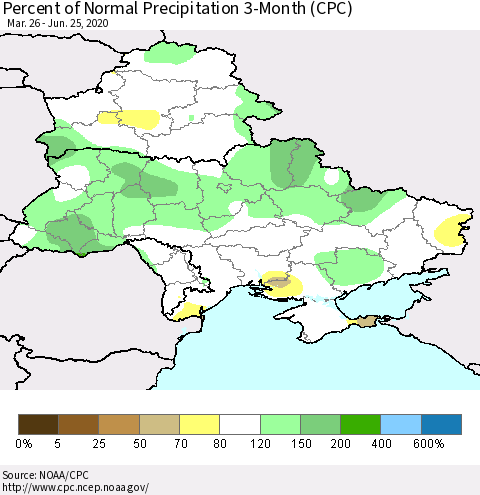 Ukraine, Moldova and Belarus Percent of Normal Precipitation 3-Month (CPC) Thematic Map For 3/26/2020 - 6/25/2020