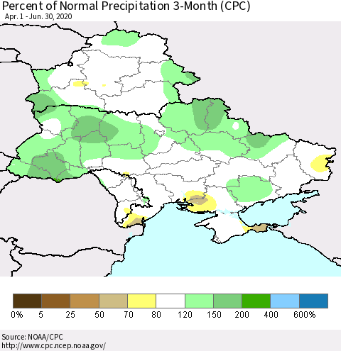 Ukraine, Moldova and Belarus Percent of Normal Precipitation 3-Month (CPC) Thematic Map For 4/1/2020 - 6/30/2020