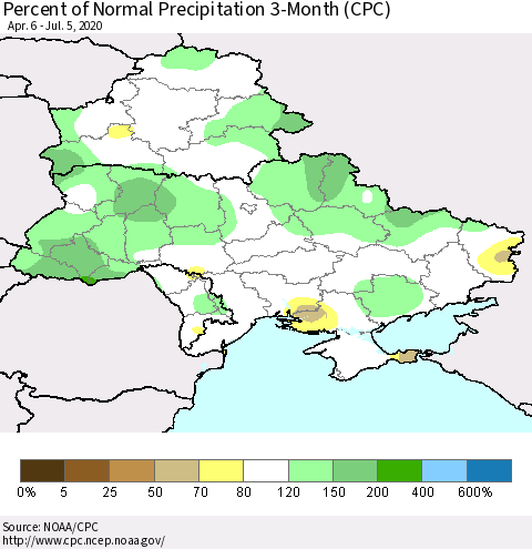 Ukraine, Moldova and Belarus Percent of Normal Precipitation 3-Month (CPC) Thematic Map For 4/6/2020 - 7/5/2020