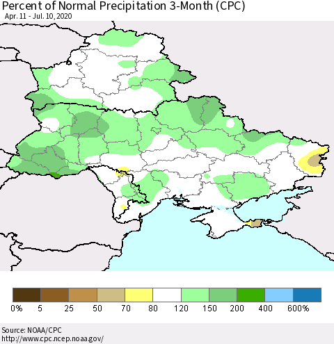 Ukraine, Moldova and Belarus Percent of Normal Precipitation 3-Month (CPC) Thematic Map For 4/11/2020 - 7/10/2020