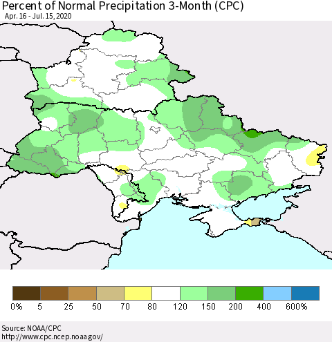 Ukraine, Moldova and Belarus Percent of Normal Precipitation 3-Month (CPC) Thematic Map For 4/16/2020 - 7/15/2020