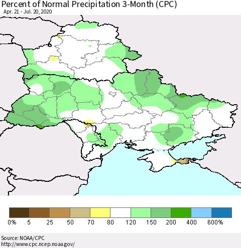 Ukraine, Moldova and Belarus Percent of Normal Precipitation 3-Month (CPC) Thematic Map For 4/21/2020 - 7/20/2020