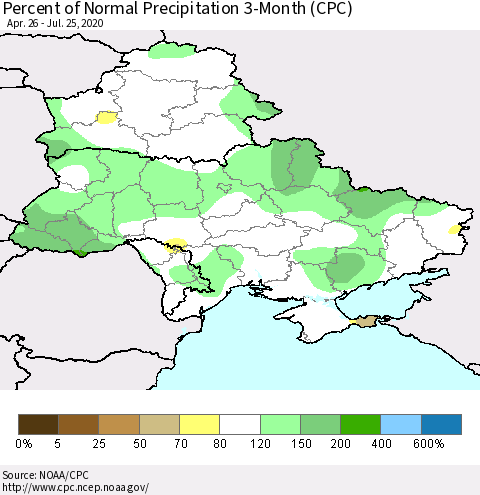 Ukraine, Moldova and Belarus Percent of Normal Precipitation 3-Month (CPC) Thematic Map For 4/26/2020 - 7/25/2020