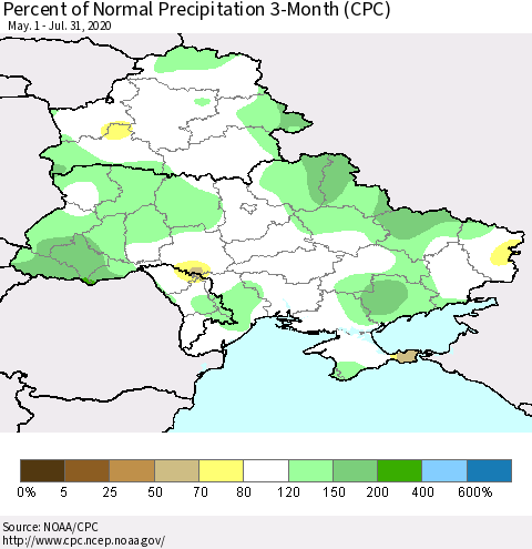 Ukraine, Moldova and Belarus Percent of Normal Precipitation 3-Month (CPC) Thematic Map For 5/1/2020 - 7/31/2020
