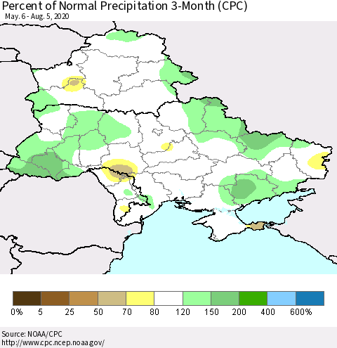 Ukraine, Moldova and Belarus Percent of Normal Precipitation 3-Month (CPC) Thematic Map For 5/6/2020 - 8/5/2020