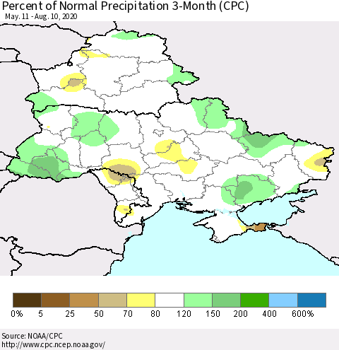 Ukraine, Moldova and Belarus Percent of Normal Precipitation 3-Month (CPC) Thematic Map For 5/11/2020 - 8/10/2020