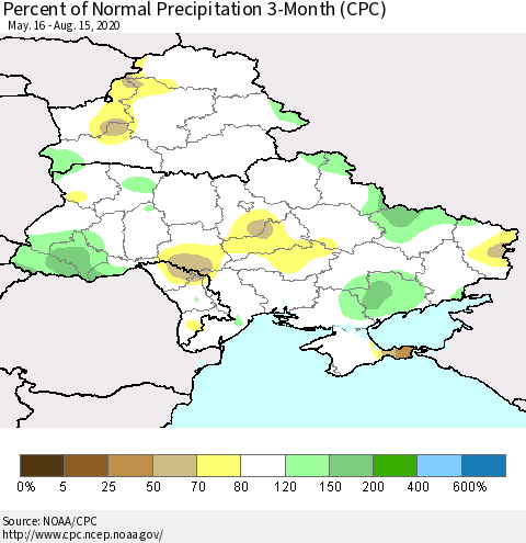 Ukraine, Moldova and Belarus Percent of Normal Precipitation 3-Month (CPC) Thematic Map For 5/16/2020 - 8/15/2020