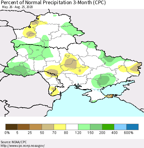 Ukraine, Moldova and Belarus Percent of Normal Precipitation 3-Month (CPC) Thematic Map For 5/26/2020 - 8/25/2020