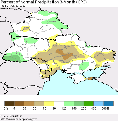 Ukraine, Moldova and Belarus Percent of Normal Precipitation 3-Month (CPC) Thematic Map For 6/1/2020 - 8/31/2020