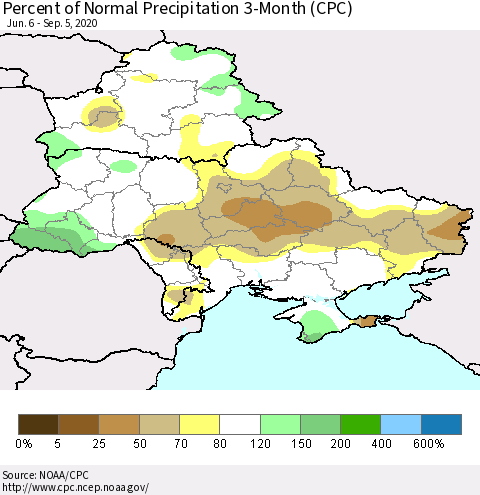 Ukraine, Moldova and Belarus Percent of Normal Precipitation 3-Month (CPC) Thematic Map For 6/6/2020 - 9/5/2020