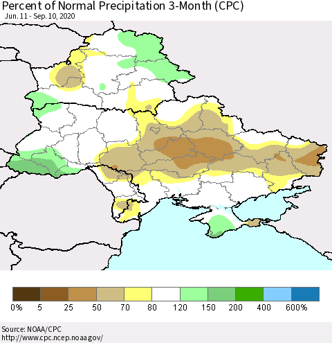 Ukraine, Moldova and Belarus Percent of Normal Precipitation 3-Month (CPC) Thematic Map For 6/11/2020 - 9/10/2020