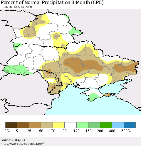 Ukraine, Moldova and Belarus Percent of Normal Precipitation 3-Month (CPC) Thematic Map For 6/16/2020 - 9/15/2020