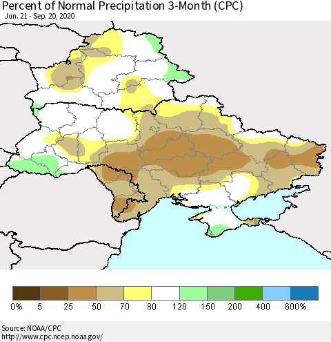 Ukraine, Moldova and Belarus Percent of Normal Precipitation 3-Month (CPC) Thematic Map For 6/21/2020 - 9/20/2020