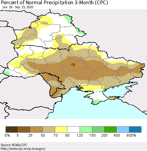 Ukraine, Moldova and Belarus Percent of Normal Precipitation 3-Month (CPC) Thematic Map For 6/26/2020 - 9/25/2020