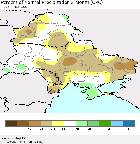 Ukraine, Moldova and Belarus Percent of Normal Precipitation 3-Month (CPC) Thematic Map For 7/6/2020 - 10/5/2020