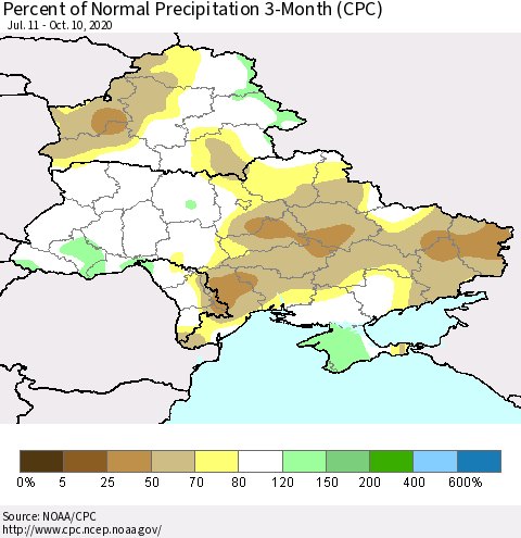 Ukraine, Moldova and Belarus Percent of Normal Precipitation 3-Month (CPC) Thematic Map For 7/11/2020 - 10/10/2020