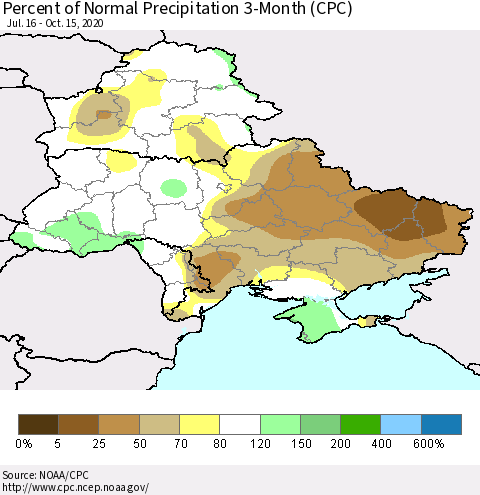 Ukraine, Moldova and Belarus Percent of Normal Precipitation 3-Month (CPC) Thematic Map For 7/16/2020 - 10/15/2020