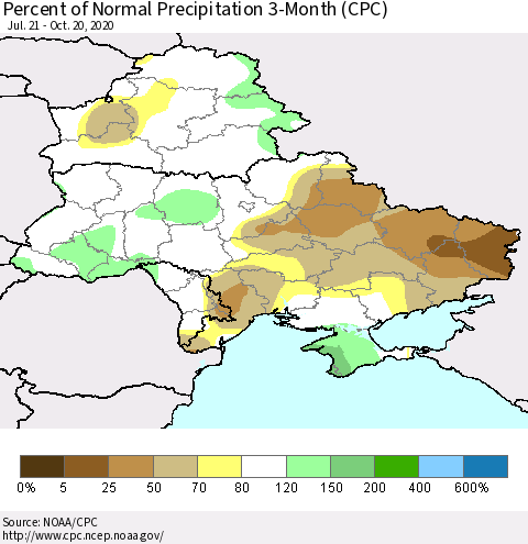 Ukraine, Moldova and Belarus Percent of Normal Precipitation 3-Month (CPC) Thematic Map For 7/21/2020 - 10/20/2020