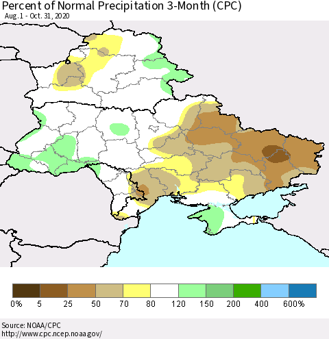 Ukraine, Moldova and Belarus Percent of Normal Precipitation 3-Month (CPC) Thematic Map For 8/1/2020 - 10/31/2020