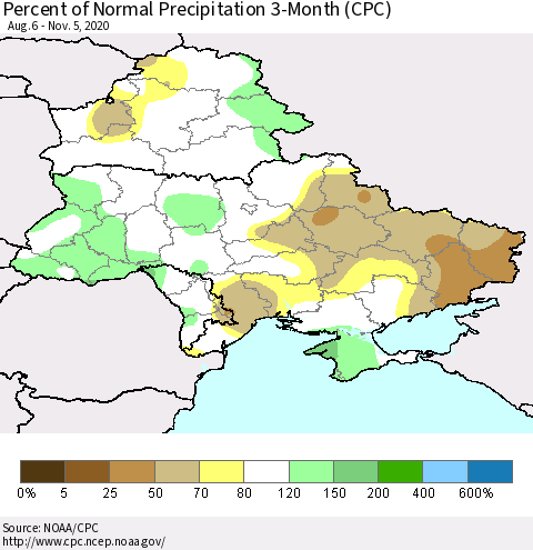 Ukraine, Moldova and Belarus Percent of Normal Precipitation 3-Month (CPC) Thematic Map For 8/6/2020 - 11/5/2020